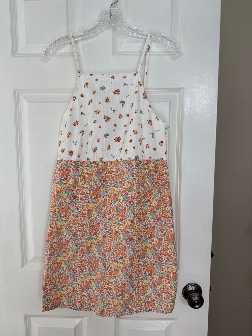American Eagle White Floral Blouse with Pink, Yellow & Green Accents